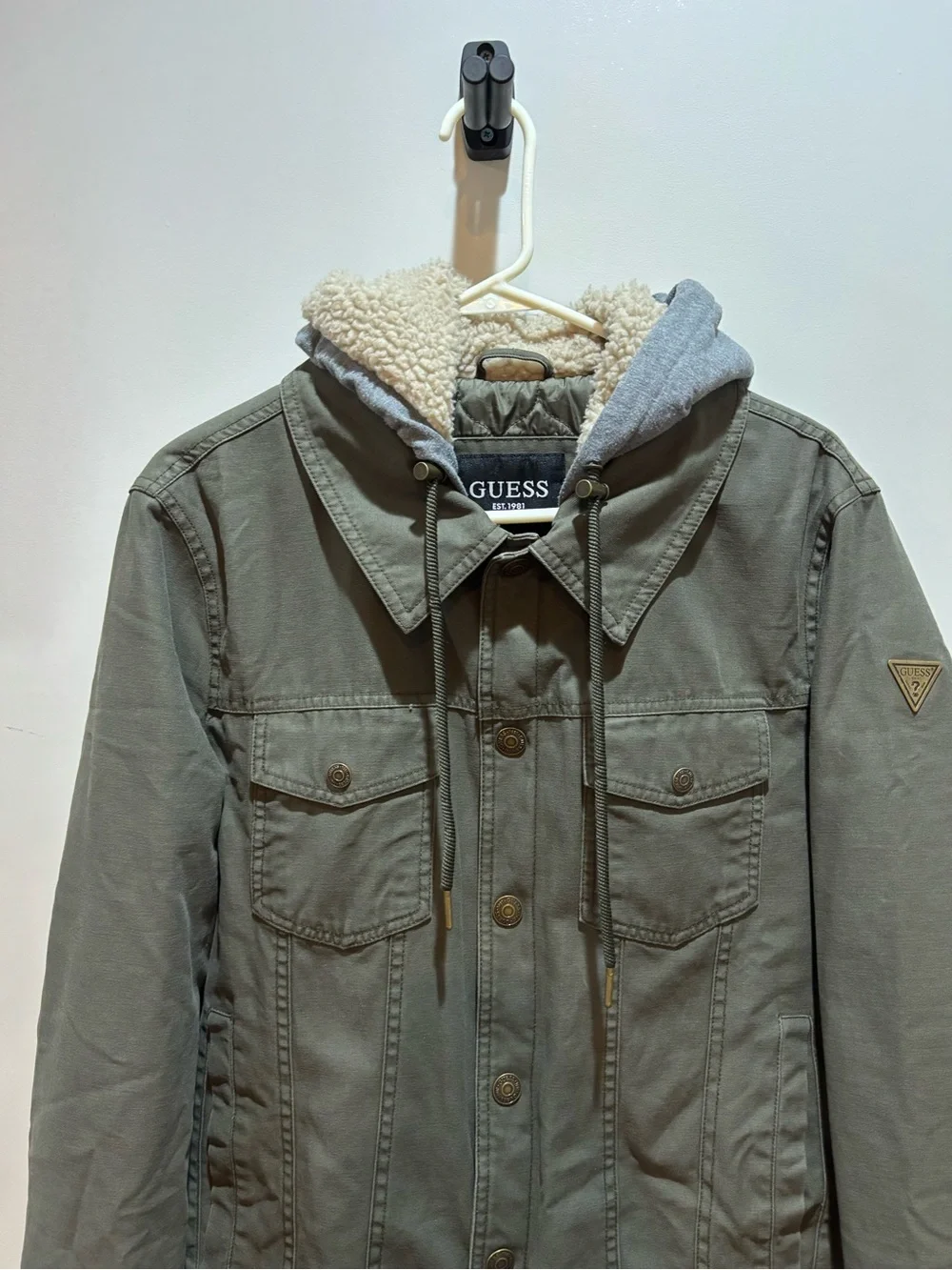 GUESS Olive Green Hooded Military-Style Jacket with Sherpa Trim